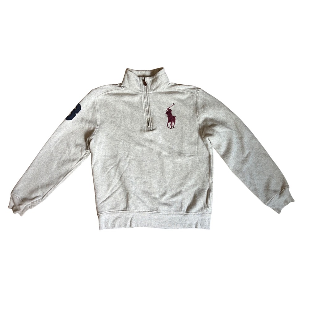 Polo Ralph Lauren Boys L 14-16 Heather Gray Quarter Zip Fleece Sweatshirt Logo